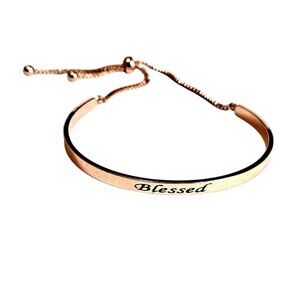 Inspirational Mantra Cuff Bangle Bracelet Rose Gold Adjustable "Blessed"